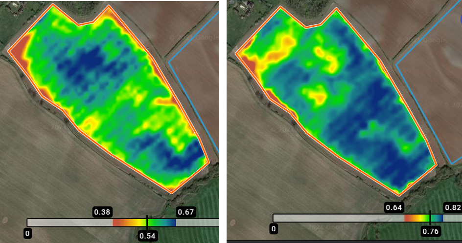 NDVI images of two fields showing crop growth